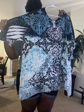 Catherines Teal and Black Damask Short Sleeve Top